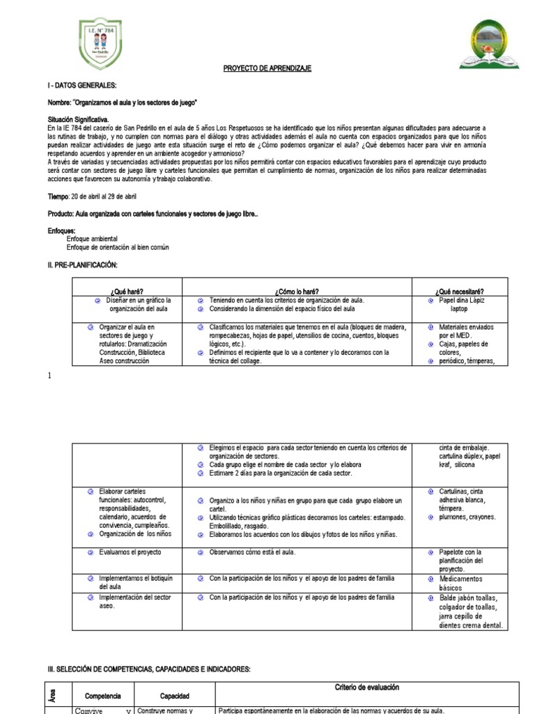 Proyecto de Aprendizaje Organizacion Aula | PDF | Salón de clases ...