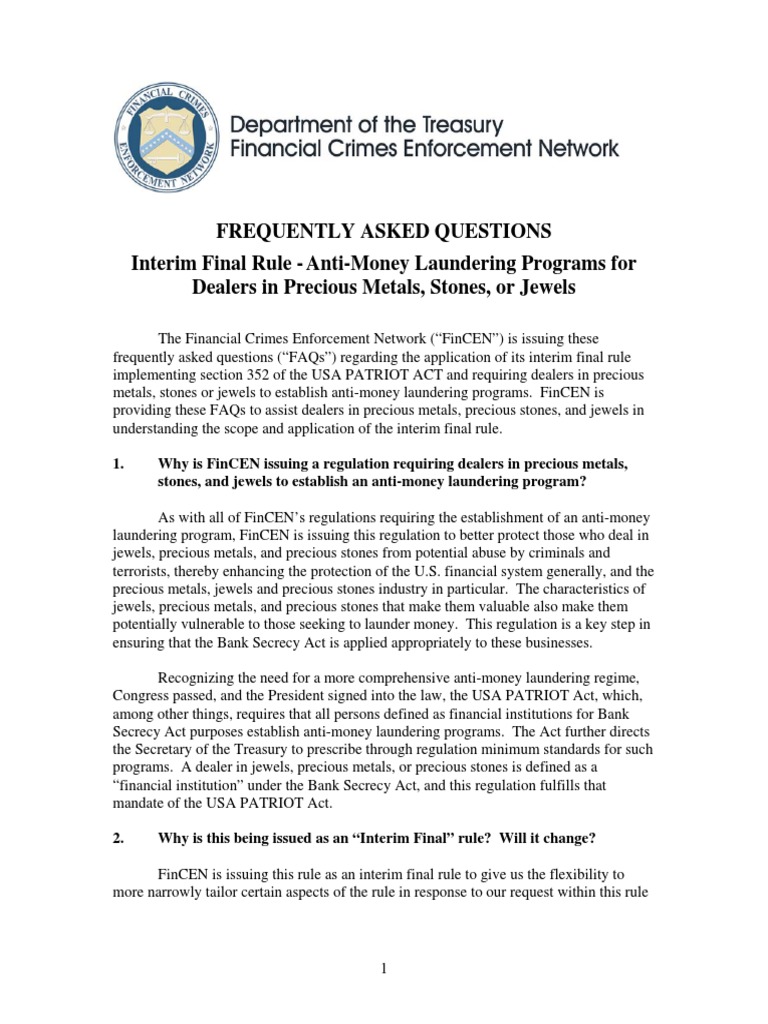 Frequently Asked Questions Interim Final Rule AntiMoney Laundering