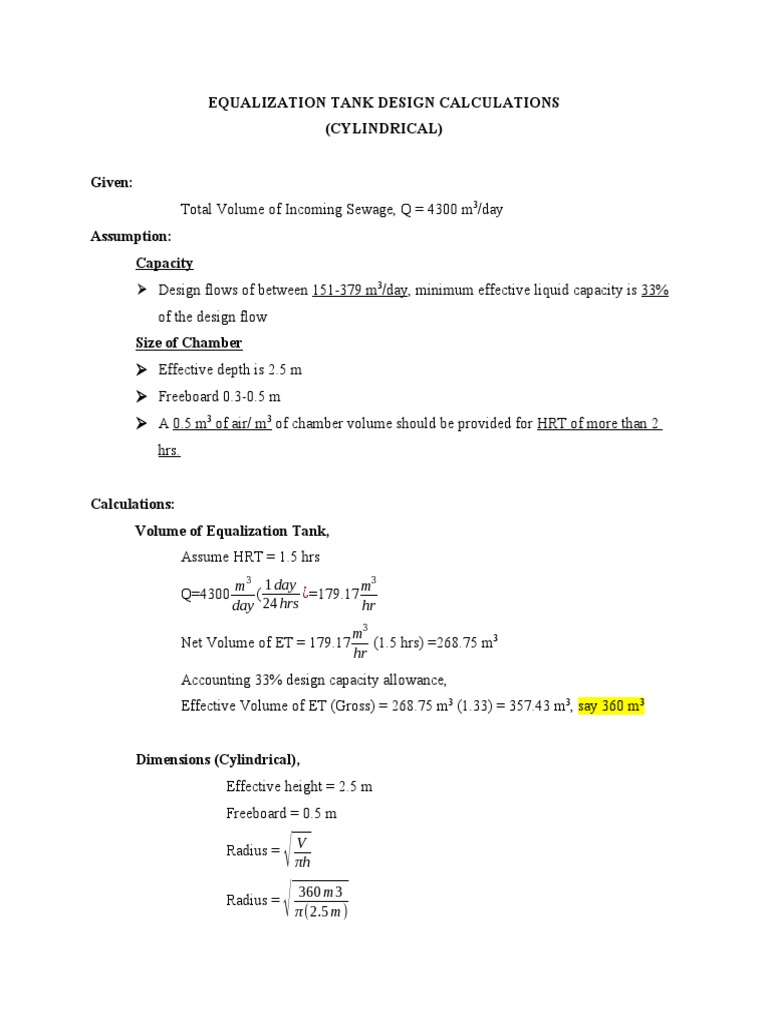 Equalization Tank Design Calculations PDF Chemical Engineering