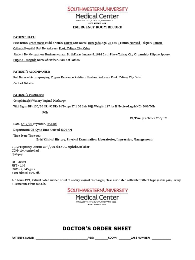 Emergency Room Record: Doctor'S Order Sheet | PDF | Childbirth | Vagina