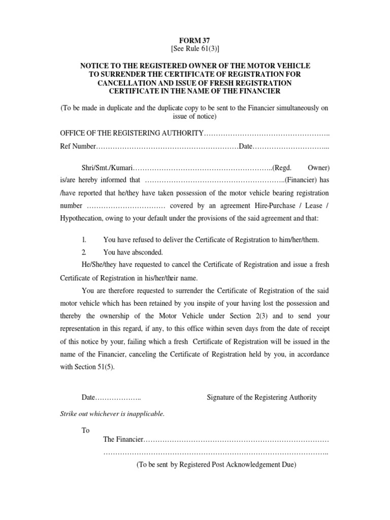 RTO Form 37: Vehicle Registration Cancellation | PDF