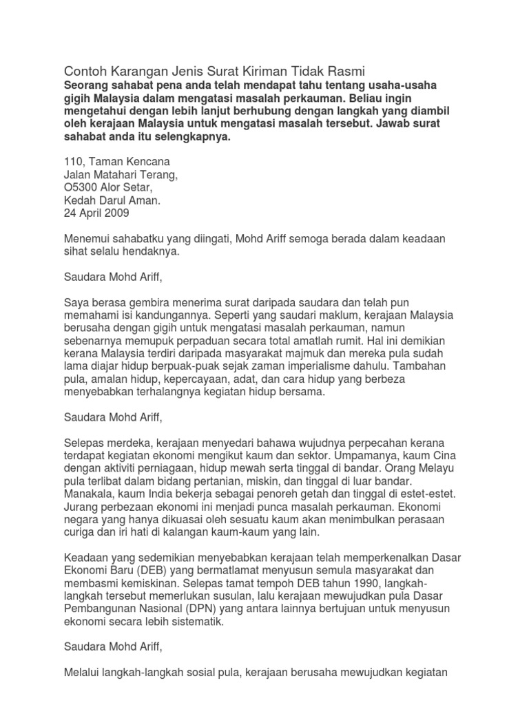 Contoh Karangan Jenis Surat Kiriman Tidak Rasmi Pdf