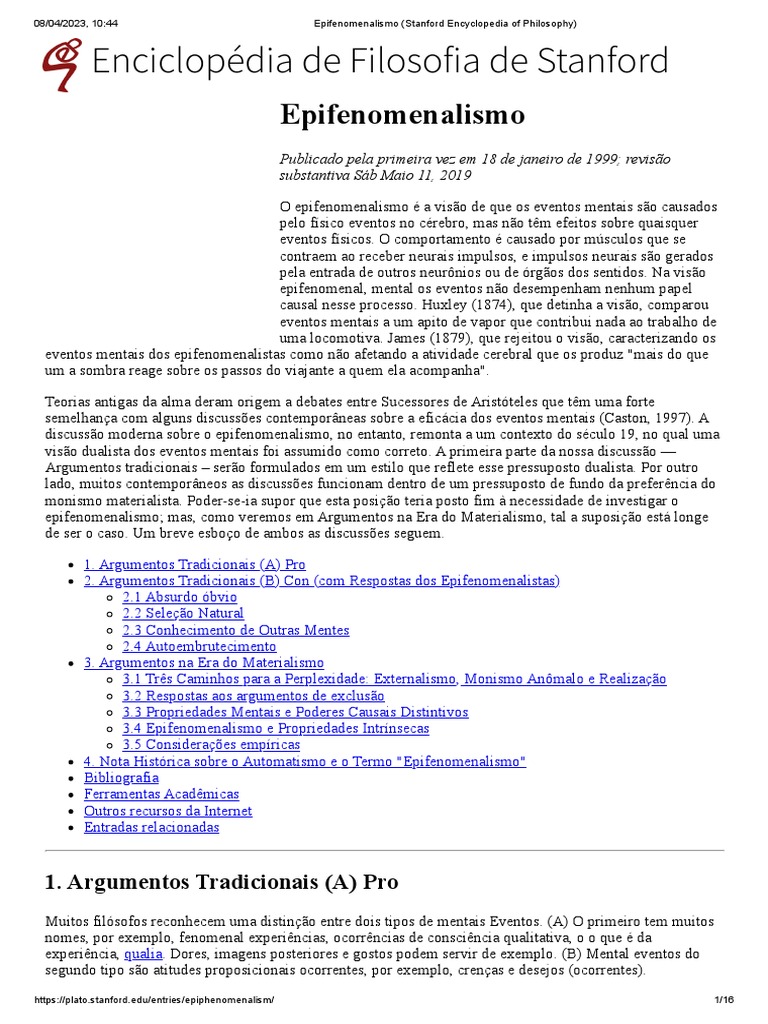 Epifenomenalismo (Stanford Encyclopedia of Philosophy) PDF Mente