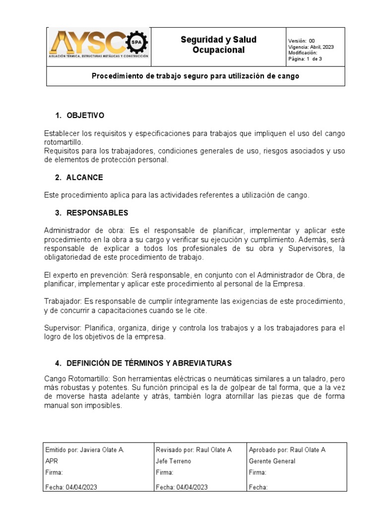 Procedimiento trabajo seguro para cango pdf herramientas