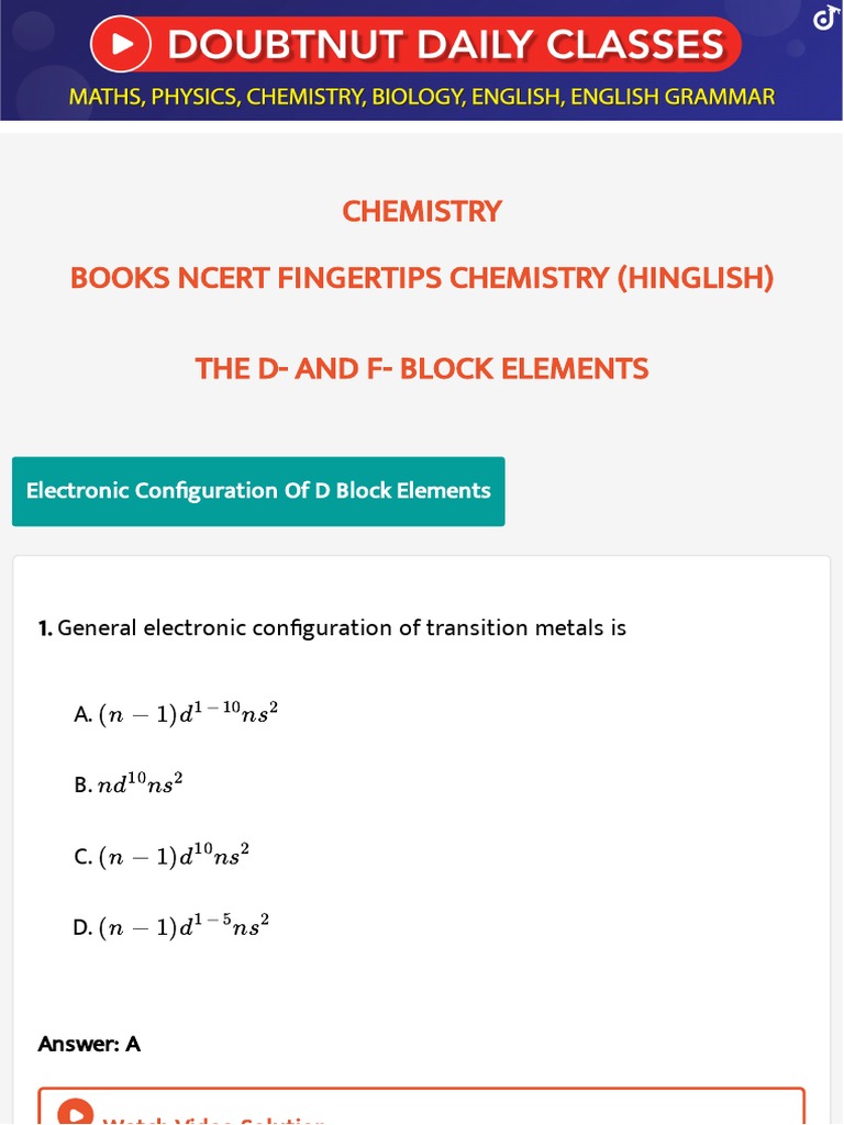 Chemistry Books Ncert Fingertips Chemistry (Hinglish) The DAnd F Block Elements Download