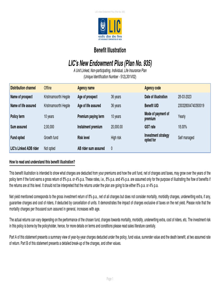 LIC Endowment Plus Benefit Illustration | PDF | Insurance | Money