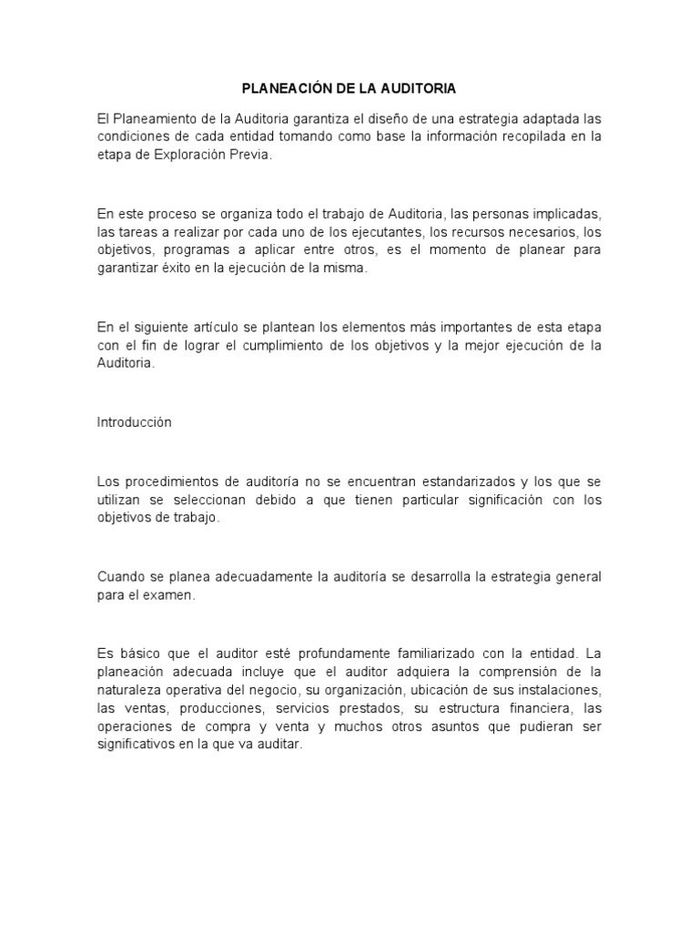 Planeación de La Auditoria | PDF | Auditoría financiera | Planificación