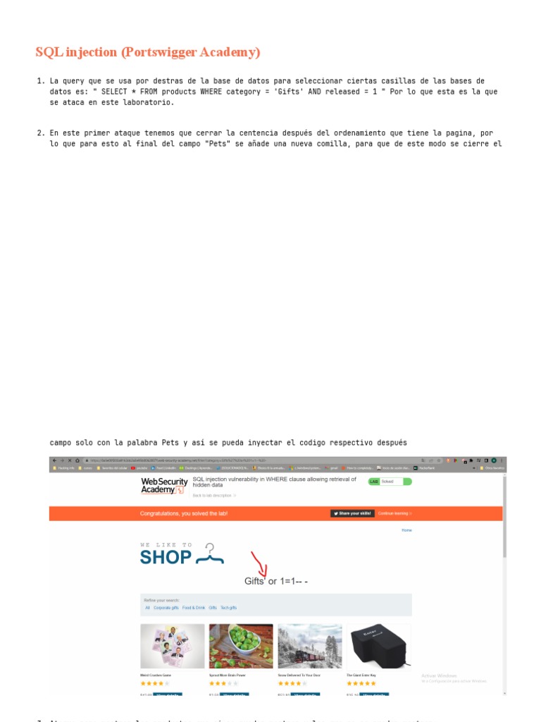 Tutorial de Inyección SQL en Portswigger | PDF