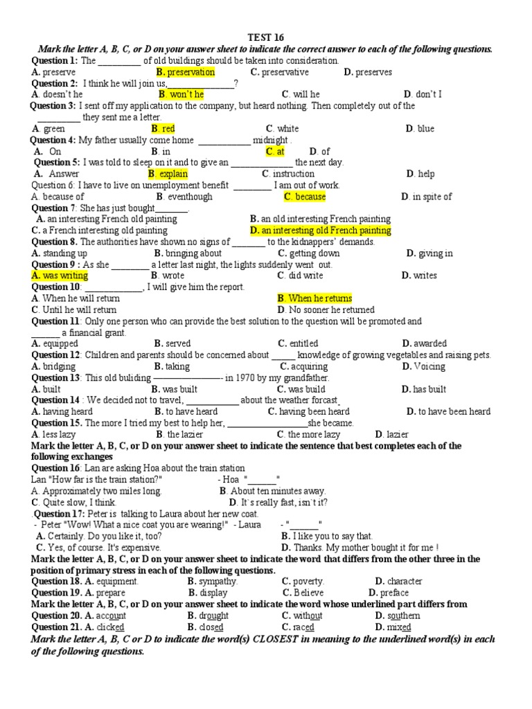 Mark the letter a b c or d on your answer sheet to indicate the