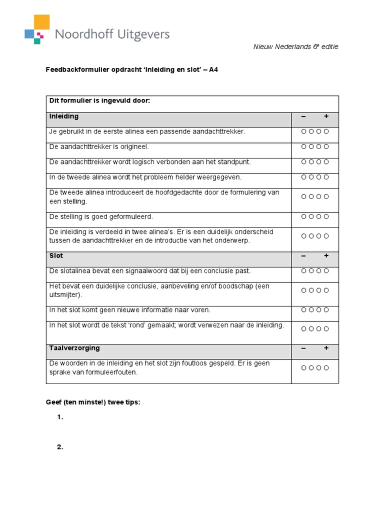 Feedbackformulier Inleiding en Slot | PDF