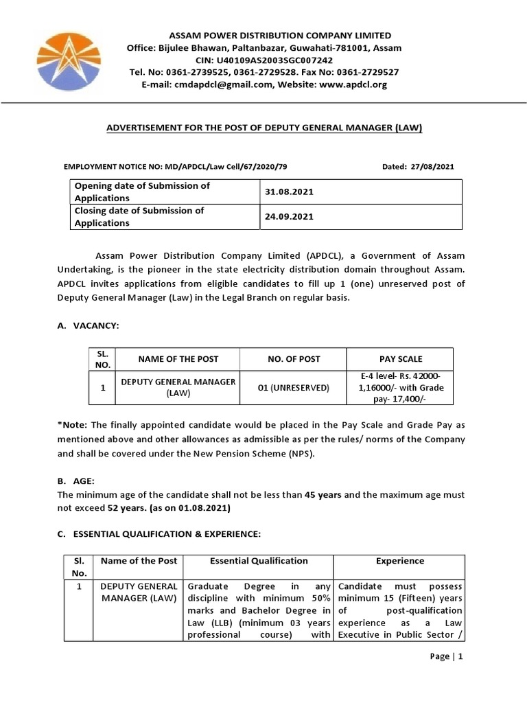 APDCL Recruitment for Deputy GM (Law) | PDF | Advocate | Identity Document