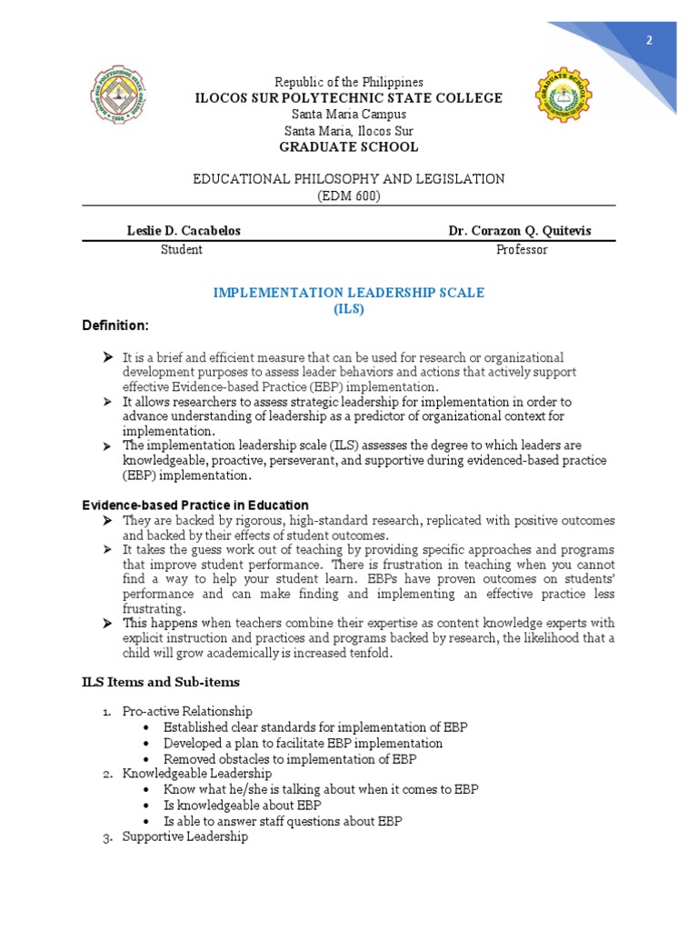 Implementation Leadership Scale | PDF | Leadership | Evidence Based ...