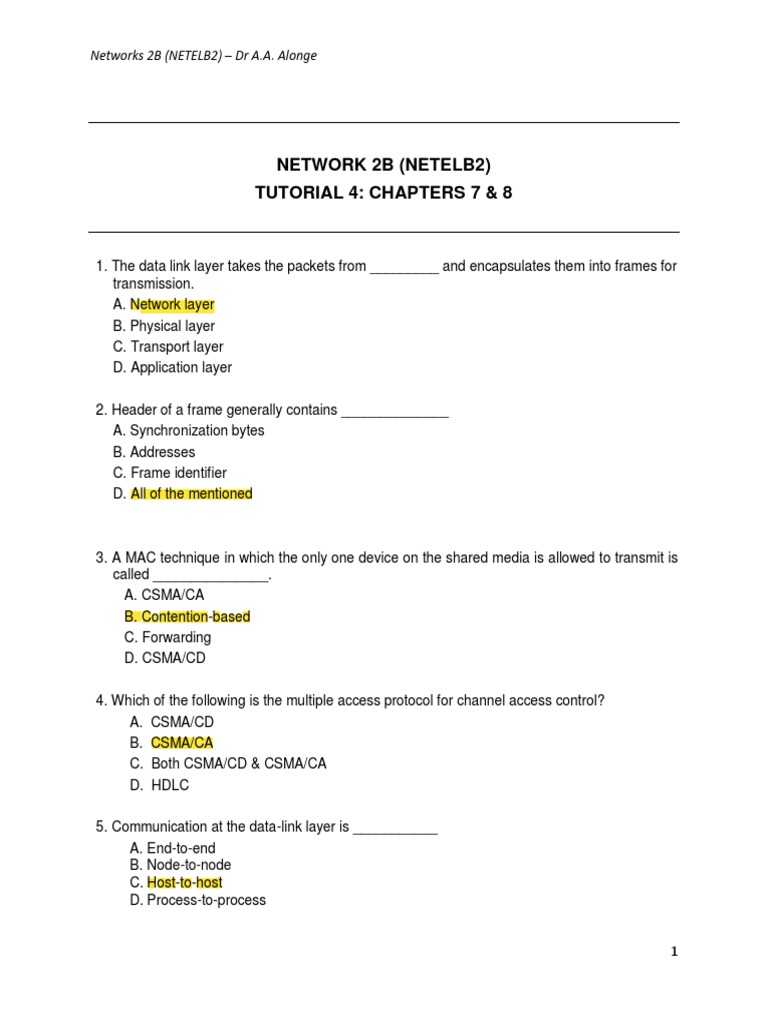 NETWORK 2B - Tutorial 4 solutions | PDF