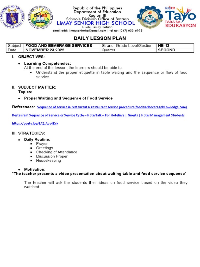 DLP Food Service Sequence PDF Waiting Staff Cognitive Science