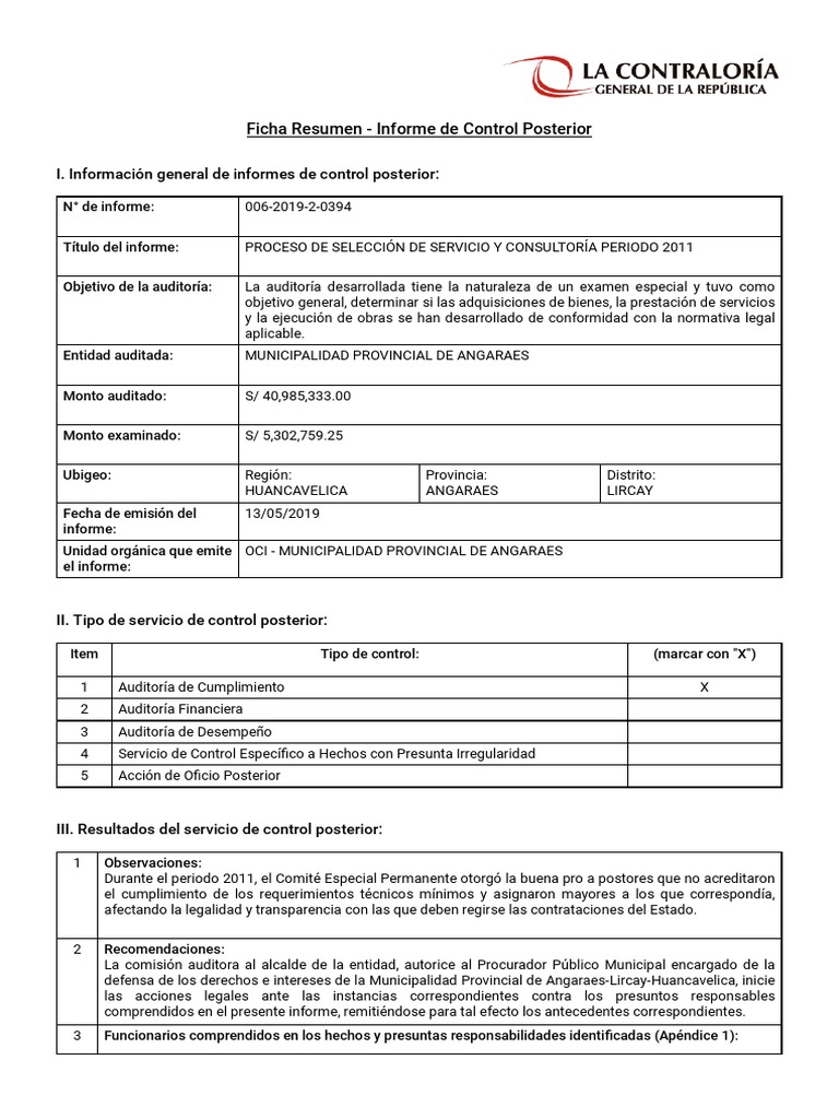 Ficha Resumen - Informe de Control Posterior | PDF | Auditoría | Gobierno