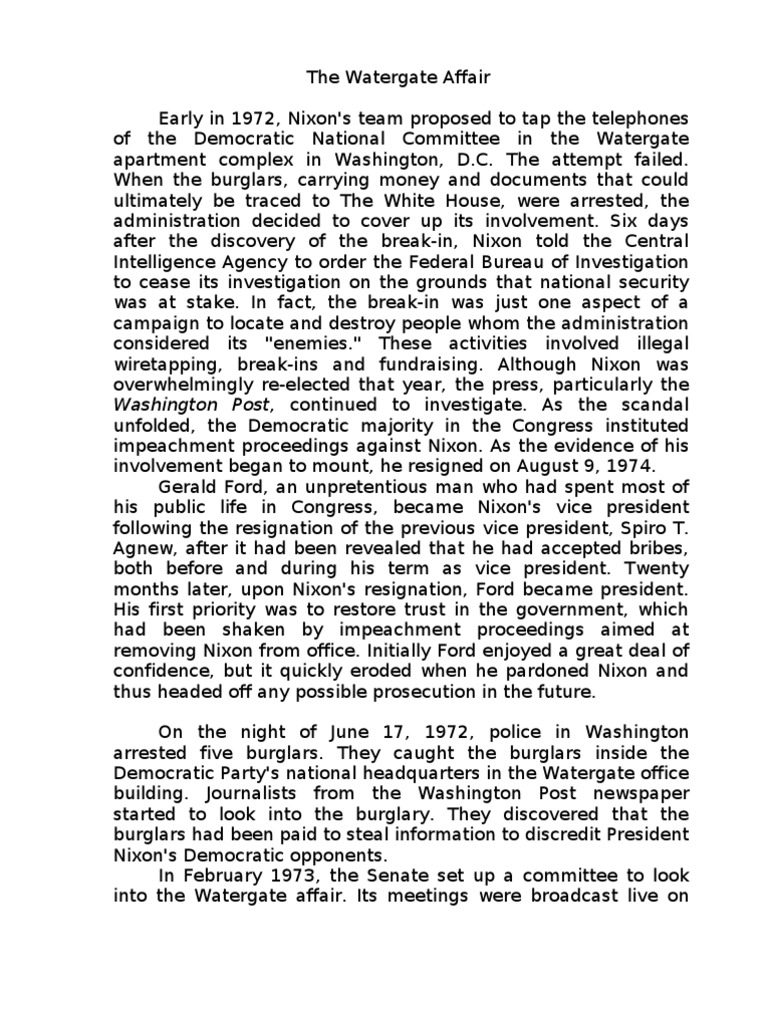 Overview of the Watergate Affair | PDF | Watergate Scandal | United ...