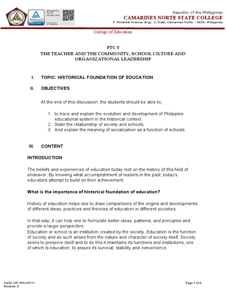 Historical Foundation of Education FTC 5 Learning Materials 1 PDF
