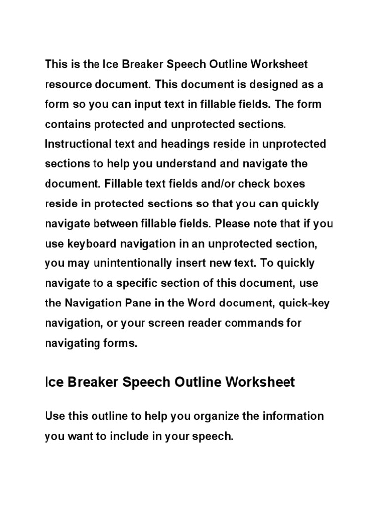 ice breaker speech outline worksheet