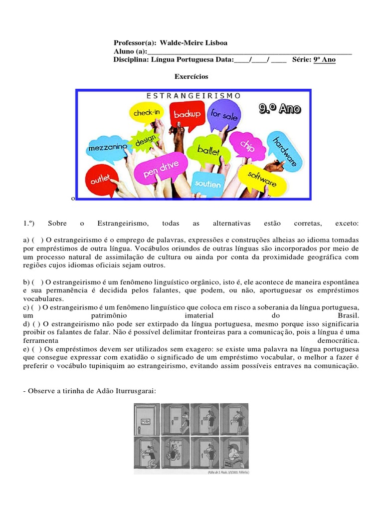 Exercícios sobre Estrangeirismo 9º Ano | PDF | Português (idioma) | Palavra