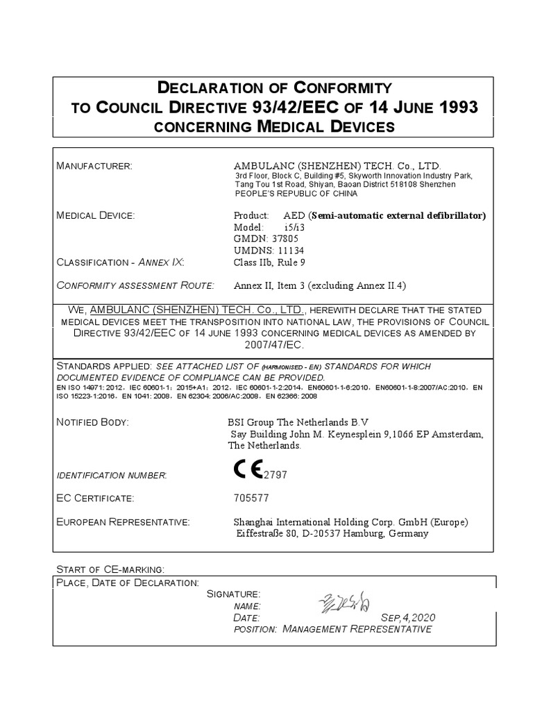 Declaration of Conformity For Starlcare AED I5 I3 | PDF