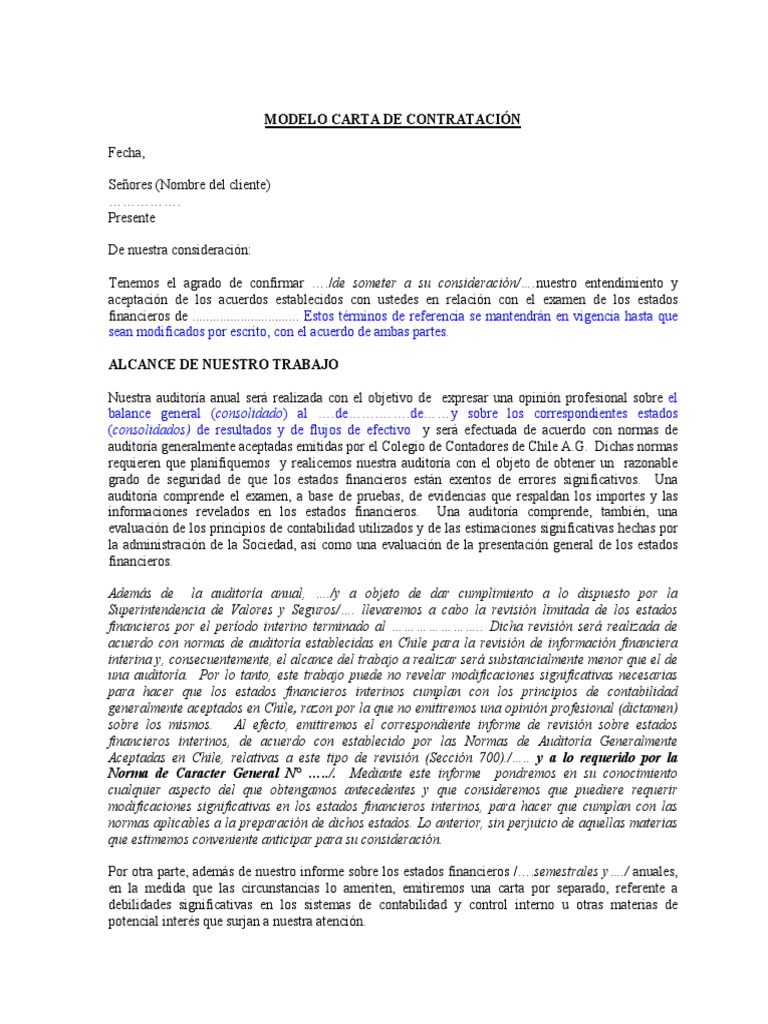 Modelo De Carta De Contratación De Auditoría Pdf Auditoría 