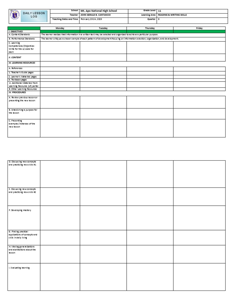 Grade 11 Reading Writing Lesson Plan Pdf