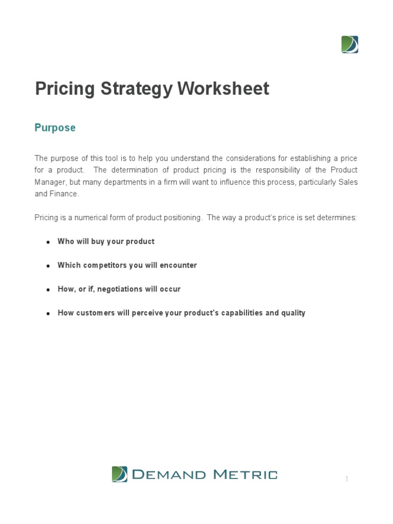 Pricing Strategy Worksheet Purpose PDF Pricing Prices
