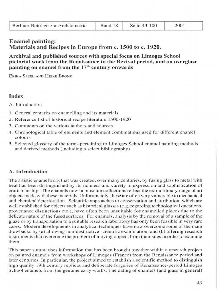 Enamel Painting Materials and Recipes in Europe From C. 1500 To C