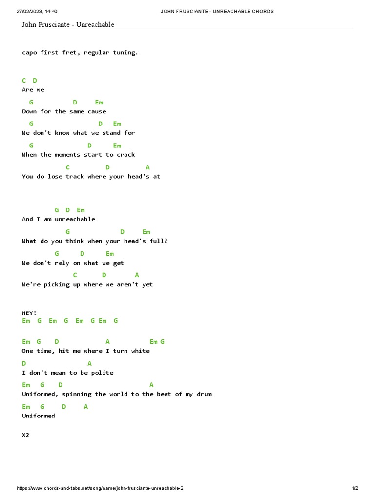 John Frusciante Unreachable Chords PDF
