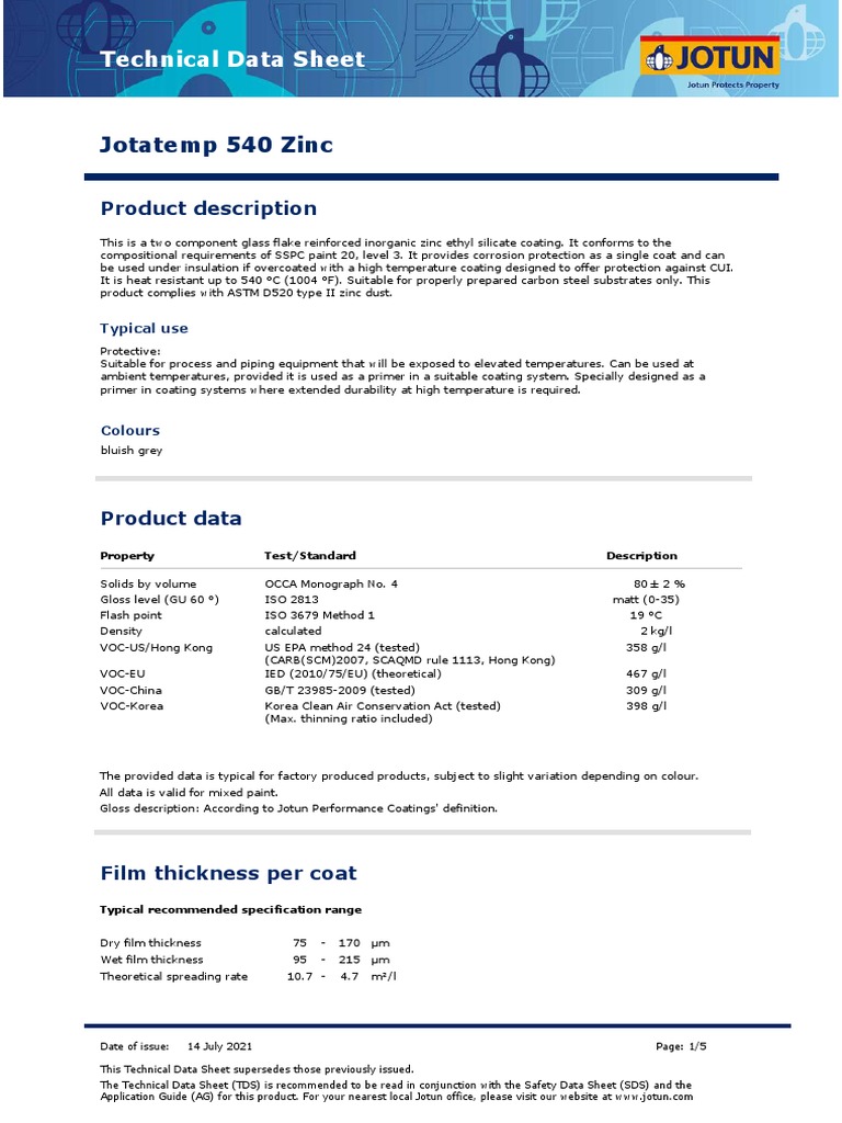 Technical Data Sheet - Jotun Jotatemp 540 Zinc | PDF | Paint | Coating