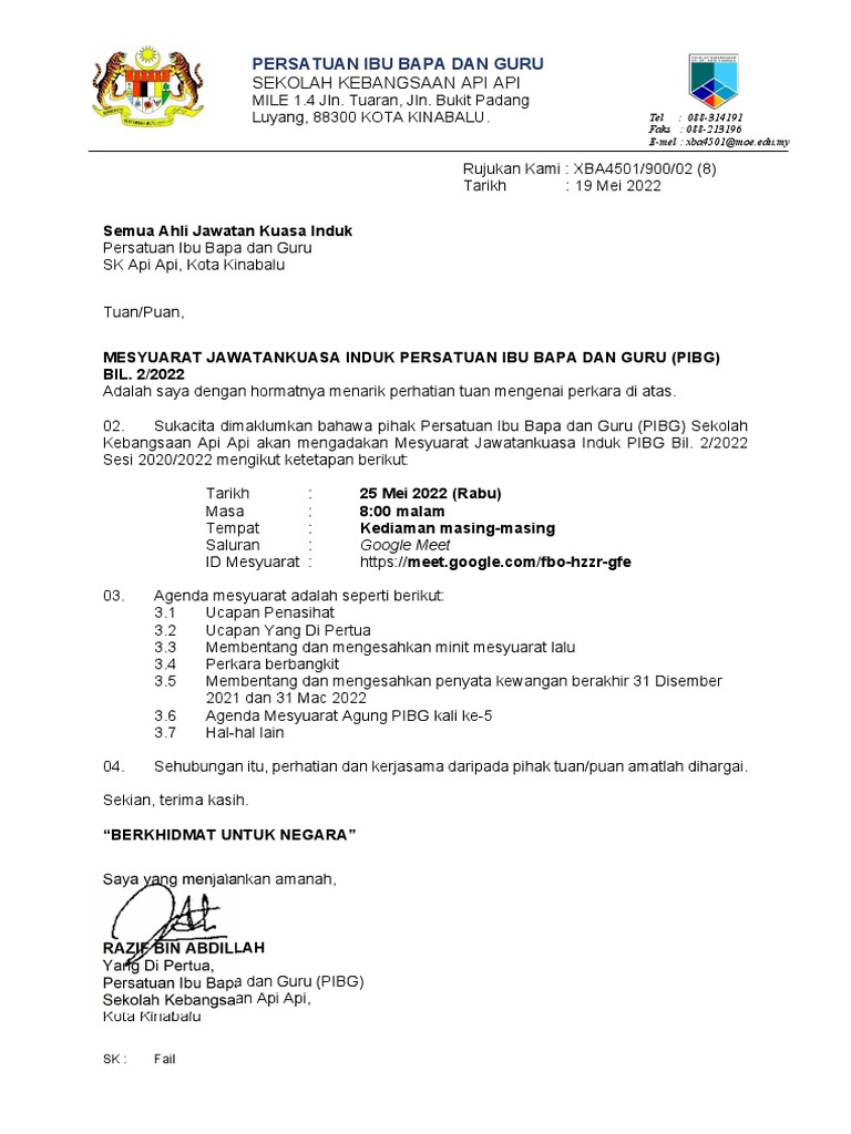Surat Jemputan Exco PIBG Bil. 2-2022 | PDF