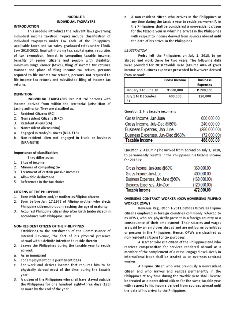 Module 3 Individual Taxpayers 1 Pdf Capital Gains Tax Gross Income