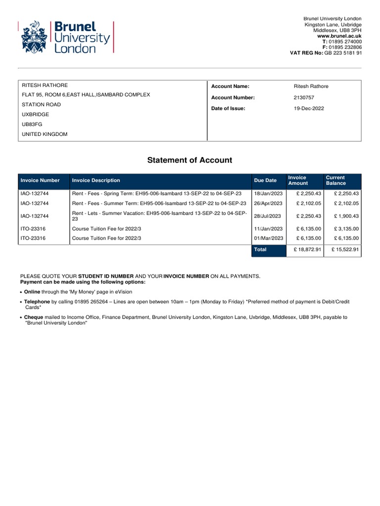 Statement of Account: Invoice Number Invoice Description Due Date ...