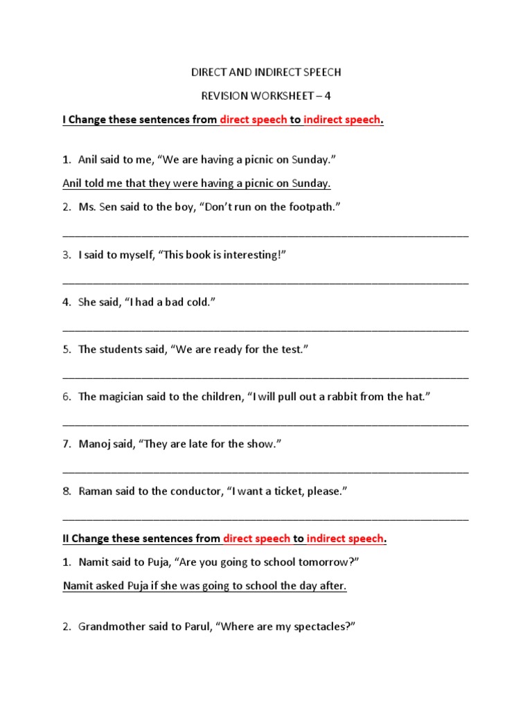 DIRECT AND INDIRECT SPEECH Worksheet 4 | PDF