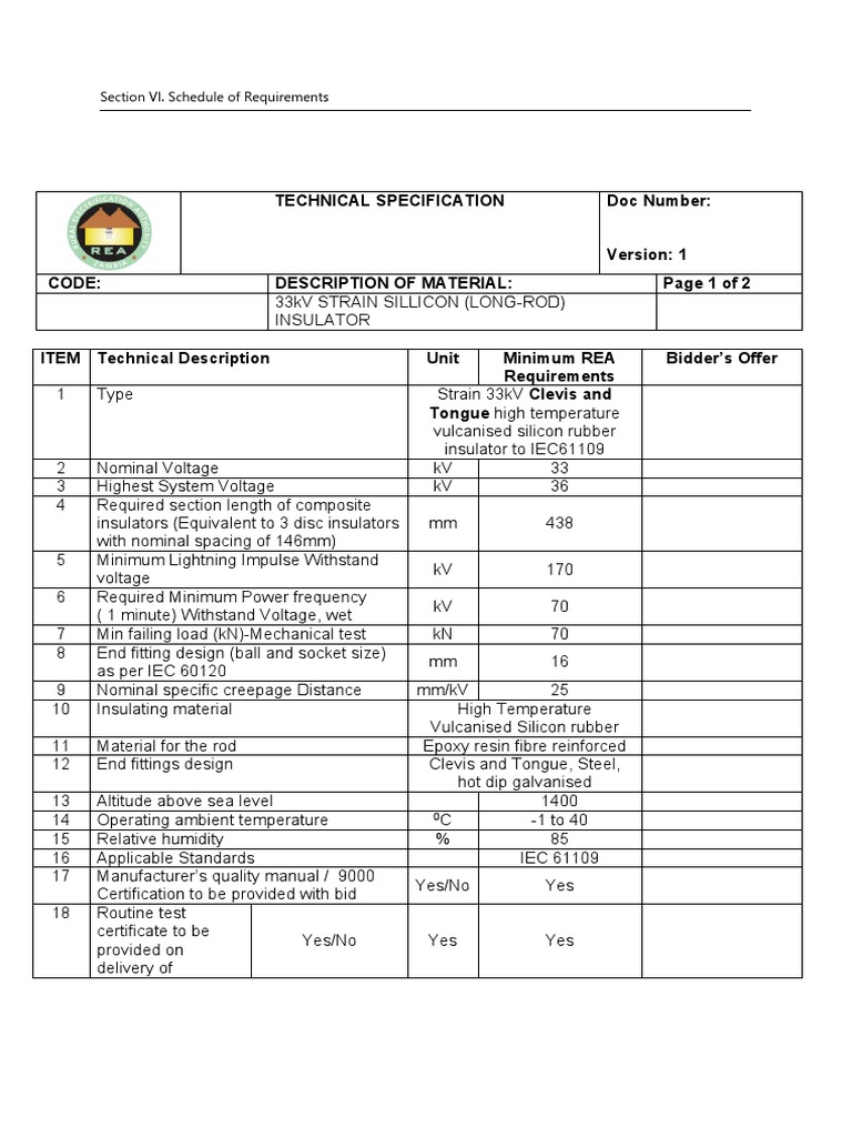 33kV Long-Rod Insulator Specifications | PDF | Insulator (Electricity ...