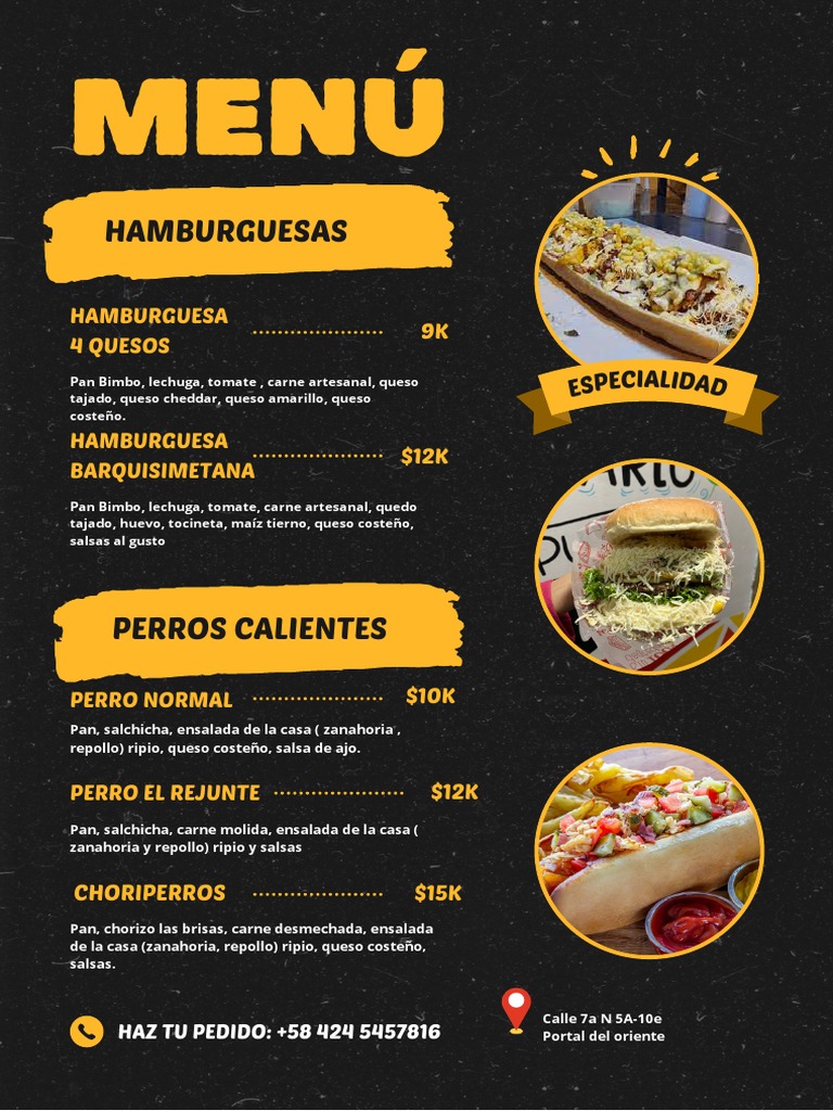 Menú Hamburguesas y Alitas Moderno Negro y Amarillo | PDF | Salchicha ...