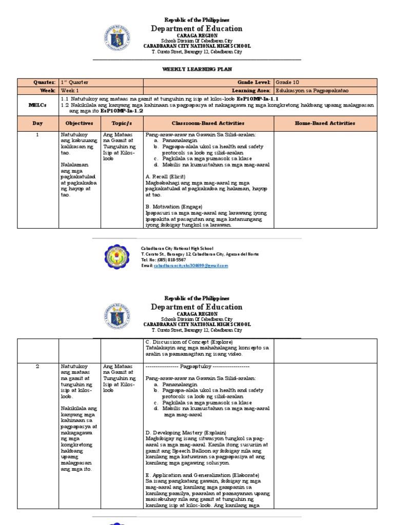 WLP Week 1 E.S.P. 10 Q1 | PDF