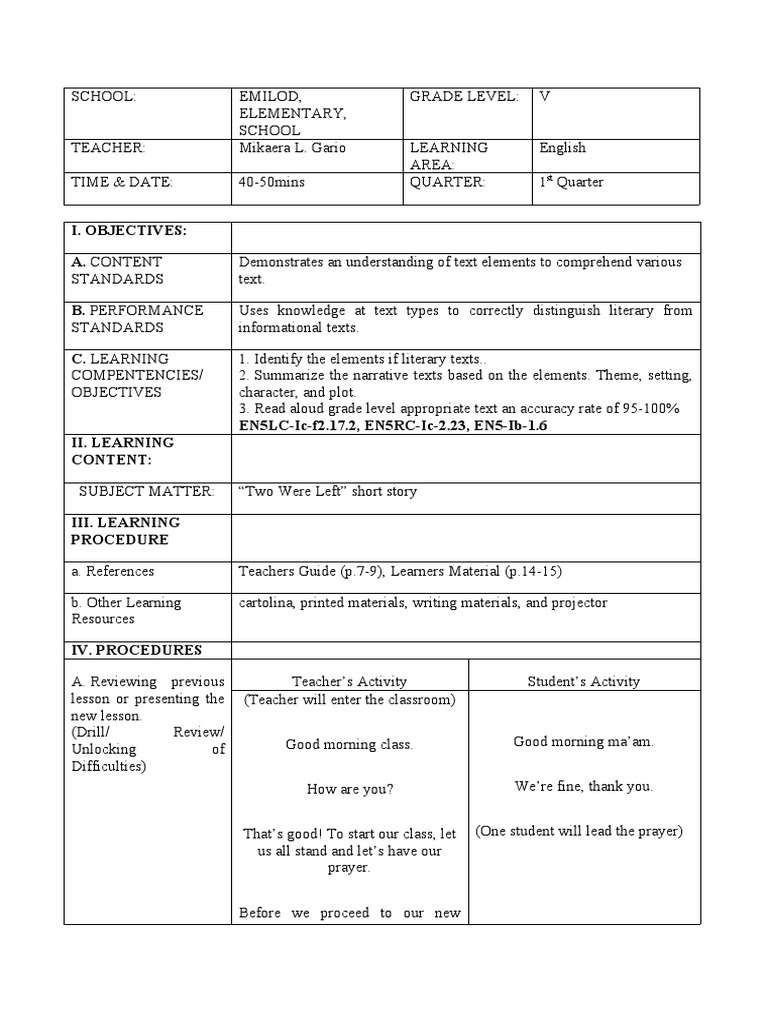 ENGLISH LESSON PLAN-2ndsem Demo | PDF | Teachers | Learning