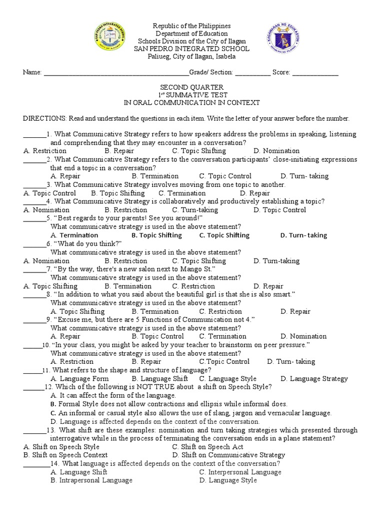 San Pedro Integrated School Second Quarter Summative Test in Oral Communication in Context PDF