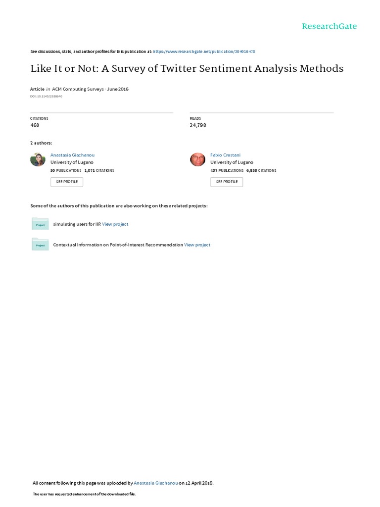Like It or Not: A Survey of Twitter Sentiment Analysis Methods | PDF ...