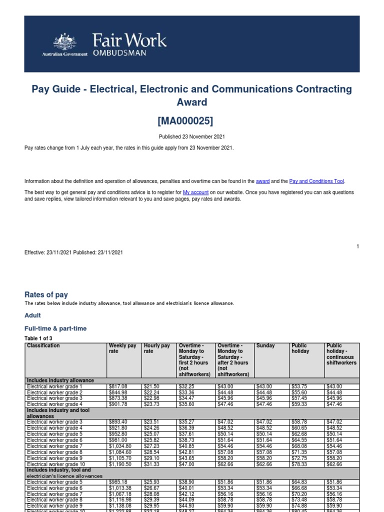 Electrical Electronic and Communications Contracting Award Ma000025 Pay Guide PDF Wage