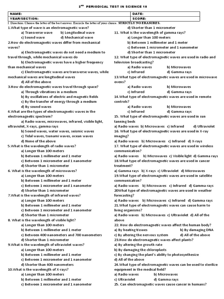 2nd Periodical Test In Science 10 Pdf Electromagnetic Radiation Waves