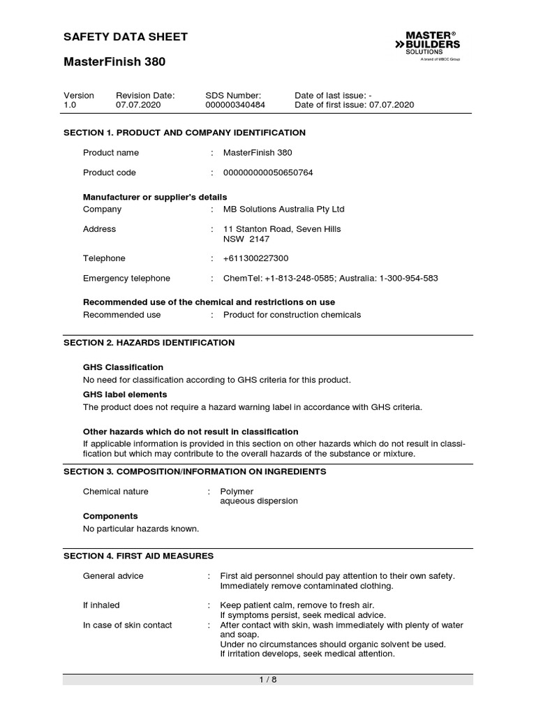 Masterfinish-380-Sds 230417 104909 | PDF | Toxicity | Water