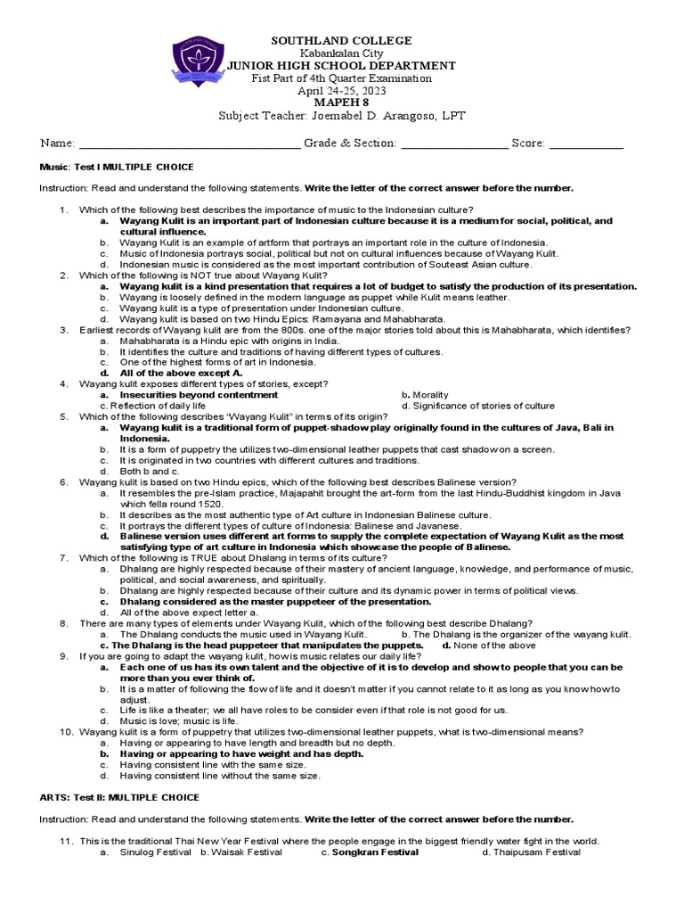 Fourth Quarter Examination PDF Southeast Asia