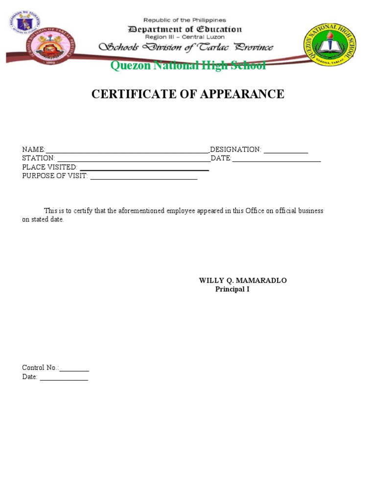 DepEd Certificate of Appearance Template | PDF