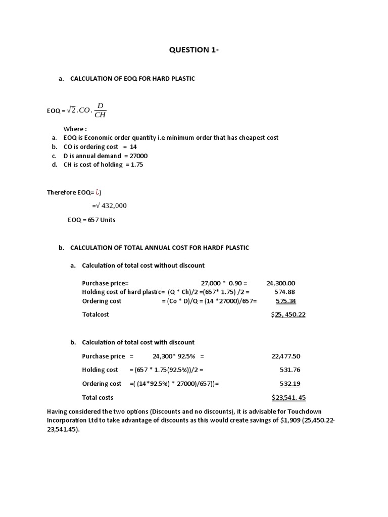 Question 1-: A. Calculation of Eoq For Hard Plastic | PDF | Business ...