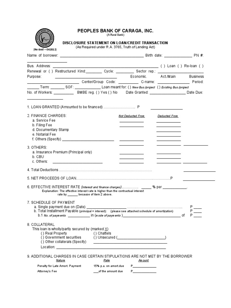 PBC Disclosure Statement PDF Loans Interest