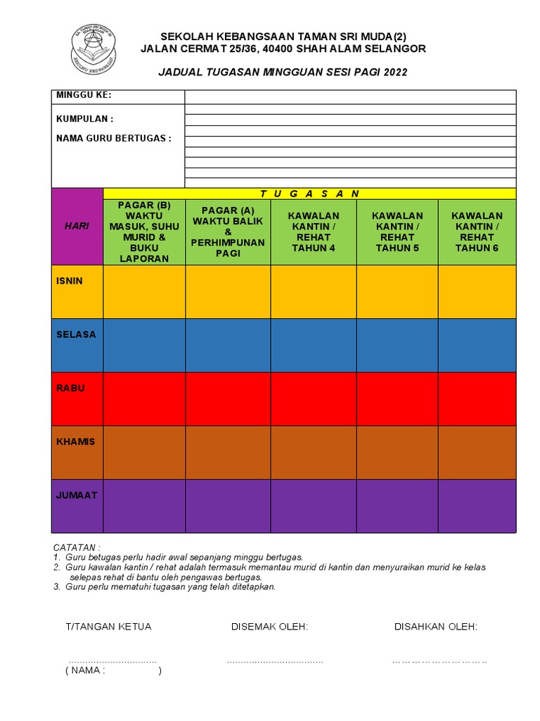Borang Jadual Bertugas Mingguan Pdf