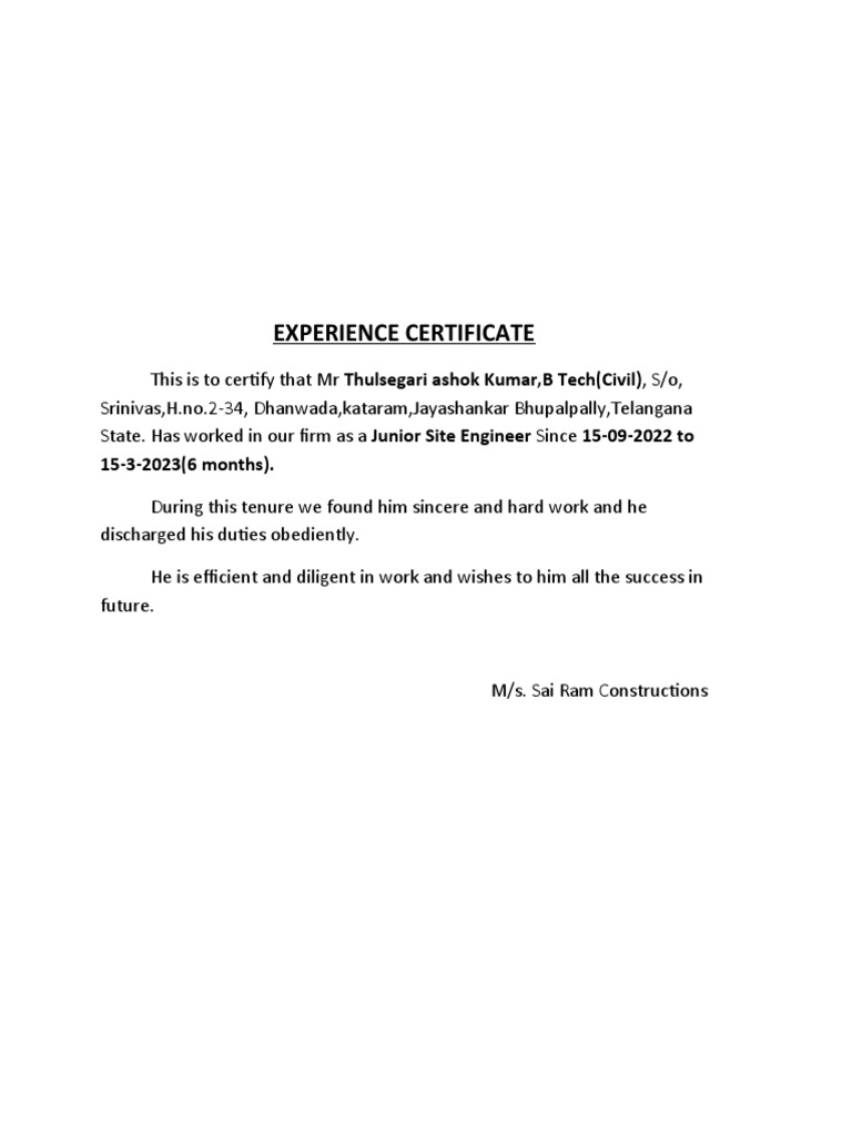 6-Month Experience Certificate for Engineer | PDF