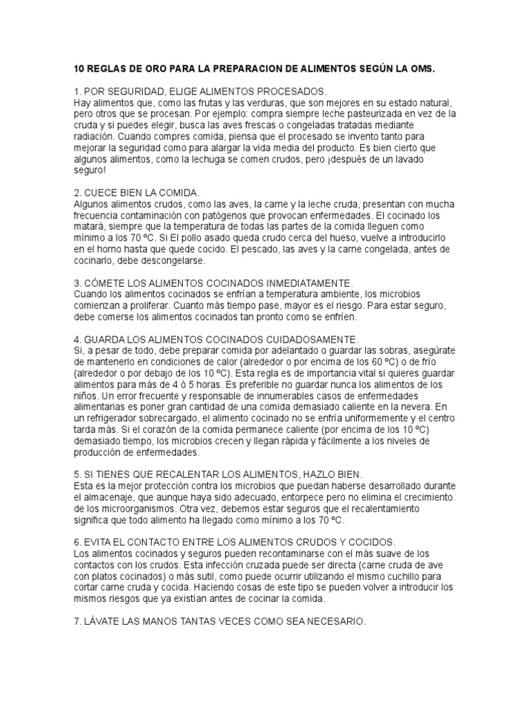 10 Reglas de Oro para La Preparacion de Alimentos Según La Oms | PDF ...
